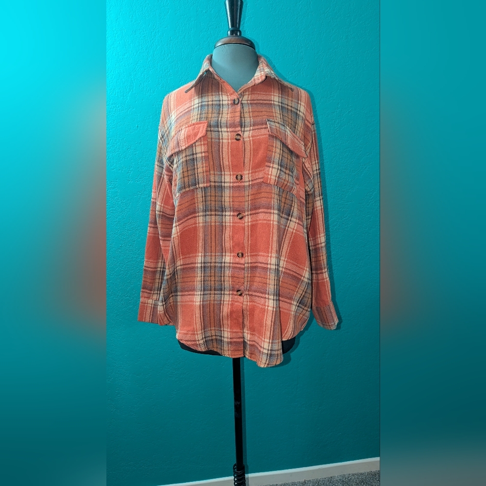 Orange Plaid Button-Up Shirt